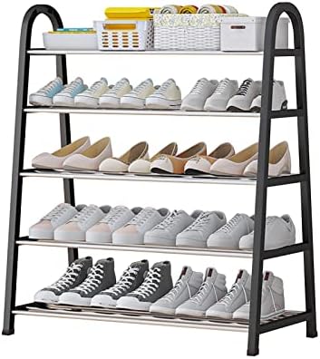 Бесплатно стоење 5-нивоата за чевли за плакари 15-20 пара организатор на метални чевли Лесно склопување кутии за чевли Цврста полица за чевли за влез, гаража, спална с?