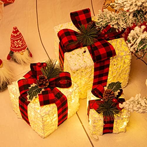 Lawoho сет на 3Christmas осветлени кутии за подароци, бел снег LED осветли Божиќни кутии присутни со црвени лакови, кутија за подароци
