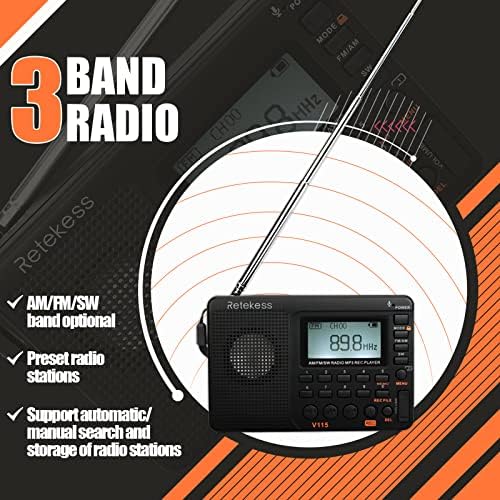 Retekess V115 Digital Radio AM FM, преносни радија со кратки бранови, радио дигитален приемник и претходно поставувачи, поддршка Micro SD и Aux