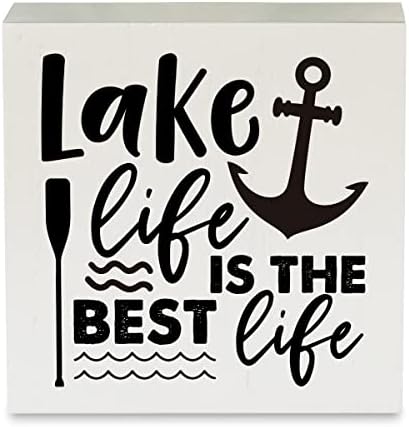 Lakeивотот на езерото е најдобриот живот од дрво кутија Рустикална езеро куќа дрвена кутија знак Декоративна земја летен знак блок плакета