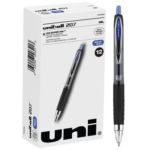 Пенкала за гел Uniball, 207 Signo Gel со микро точка од 0,5 mm, 12 брои, сини пенкала се доказ за измама и пенкала за гел од uniball, 207