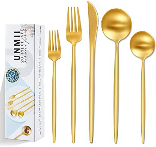 Унмии луксузни мат Златни сребрени садови, 20-парче 18/10 комплети за рамни садови од нерѓосувачки челик за 4, црн прибор за јадење за повеќекратна
