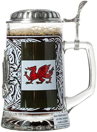 Велс Знаме Замокот И Велшкиот Змеј Метална Икона Стакло Пиво Штајн Со Метален Капак И Палецот Лифт