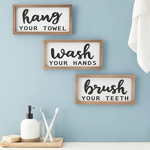 3 парчиња знак за знак за бања, измијте ги рацете, четкајте ги забите, закачете ја пешкир, рустикален знак за виси 12 x 6 in)