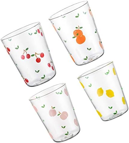 Хемотон 4 парчиња Стаклени Чаши За Кафе Чаши За Пиење Стаклени Чаши Со Овошен Модел За Пијалоци Вода Сок Пиво Коктел