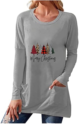 Божиќни кошули за жени Смешни долги туники носат со хеланки облечени со долги ракави, џемпер со џебови со џебови