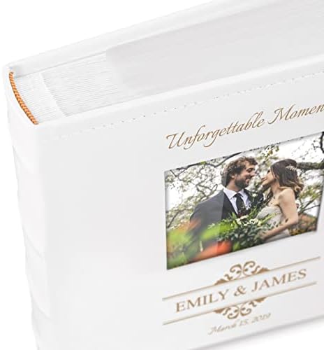 Мавертон Фото Албум За парови-гравирана корица со фото рамка-Бела кожа - 200 слики-Персонализиран албум за родители - за свадба-моменти