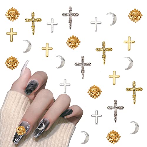 NICENEEDED 60 парчиња метални легури на легури на ноктите, 3Д панк стил Месечина Сонце крст накит, украси со нокти со мешано злато сребро
