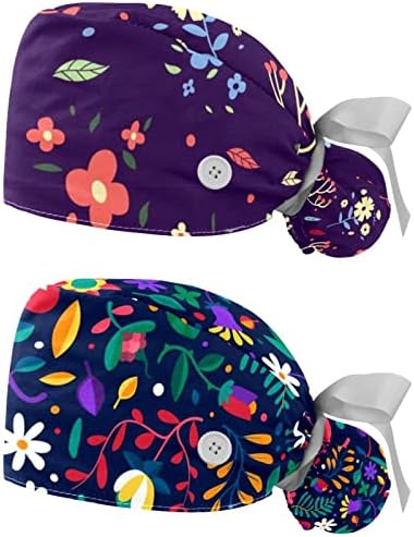 Работна капа со копчиња и врски со лента за жени 2 пакувања, цветни прилагодливи унисекс хируршки капачиња за чистење капаче