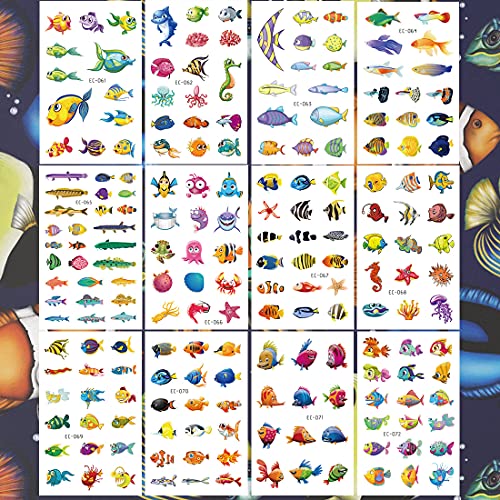 Ооопсиун Океански Животни Привремени Тетоважи За Деца - 12 Листови Океански Риби Украси За Роденденски Забави Обезбедуваат Услуги