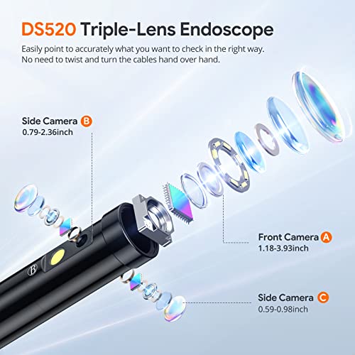 Depstech DS520 5 '' IPS екран ендоскоп камера со светлина, троен леќи индустриски борескоп со 16,5 метри кабел и полу-цврст кабел