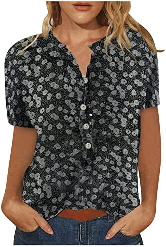 Женски кошули обични кратки ракави маички кошули со екипаж на вратот на вратот нагоре лабаво вклопуваат врвови на туники со џеб
