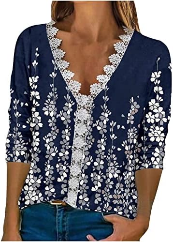 Женски обични врвови против вратот од капчиња чипка маица цветни печатени 3/4 ракави блузи 2023 летни фустани кошули