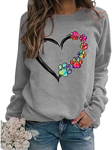 Aeefnuie Cute Cute Love Charts Heart Cog Paw Print Sweatshirts Day Day Day Day Women Women Women Long Sleeve Pullover врвови