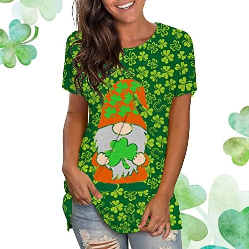 Маица на Денот на Денот на iius Свети Патрик за жени кратки маички маички со вратот зелена среќна гнома блуза врвна лабава вклопена смешна