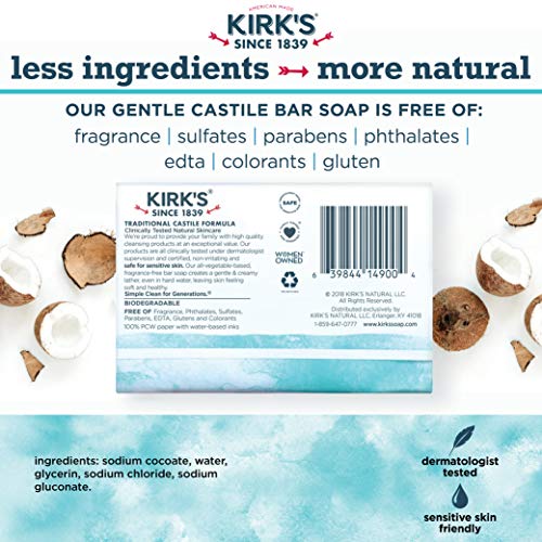Чист сапун на Кирк, чист сапун за мажи, жени и деца | Премиум кокосово масло | Чувствителна формула на кожата, веган | Без
