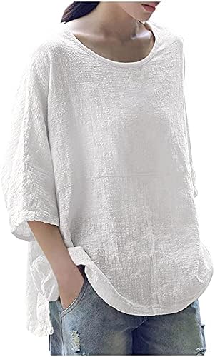 Womenените 3/4 ракав кошула Блуза памучна постелнина цврста боја на врвовите на вратот лабава вклопена маица туники летни обични маички