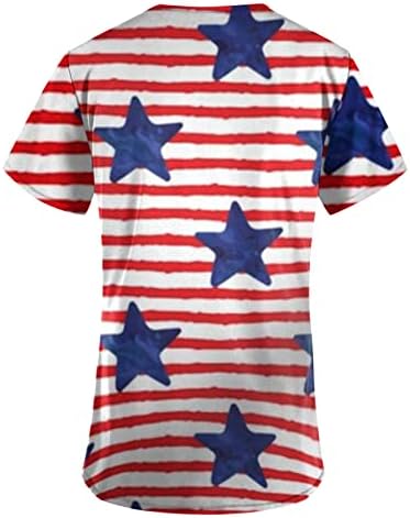 Американско знаме печатено работна облека за жени V-вратот симпатична патриотска чистачка блуза со маица со туники со 2 странични џебови