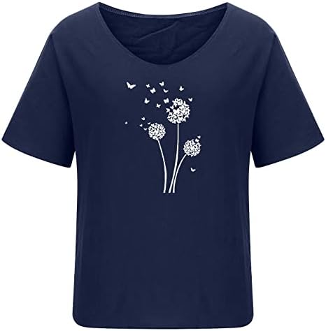 2023 летни врвови за памучни лени за жени модни глуварче печатени графички кратки ракави маички лабави v блуза за кошула на вратот