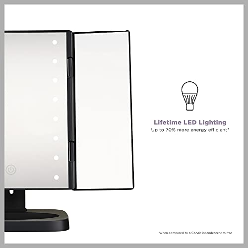Конаир Рефлексии ТРИ-Панел LED Осветлена Суета Шминка Огледало, 1x/2x/3x зголемување, Мат Црна завршница