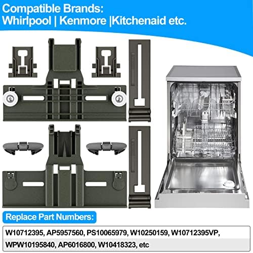 Надграден W10350375 Top Rack Adjuster компатибилен со Whirlpool & Kenmore WDT730PAHZ0 WDTA50SAHZ0 Врвни делови за миење садови W10195840 W10195839