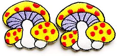 Сет од 2 мали мини жолта печурка со полко -точка црвена прекрасна цртана филм шие железо на везена апликација знак знак за лепенка облека