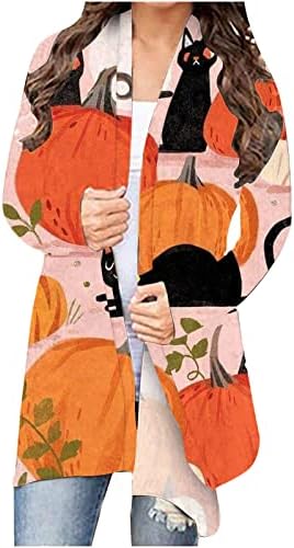 Плус големина кардиган за жени со долг ракав гроздобер за Ноќта на вештерките картони со опуштено вклопување на отворени предни врвови за надворешни