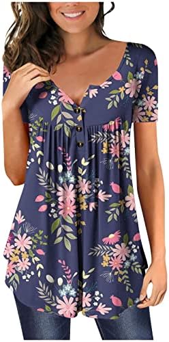 Женска цветна печатена маица скриј стомак лабава проточна туника блуза со кратки ракави за кратки ракави нагоре, највисока кошула за пулвер