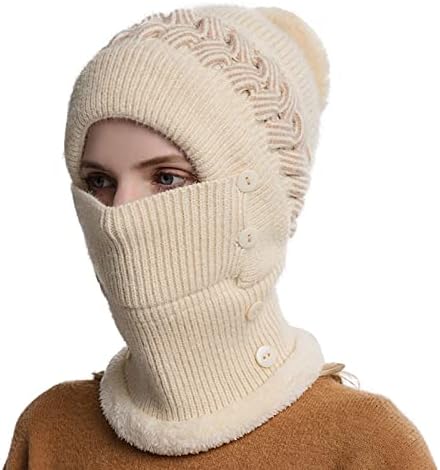 Womenените зимски гравчиња со едно парче слаби топла качулка со шамија руно зимска балаклава пулвер плетена капа маска сет