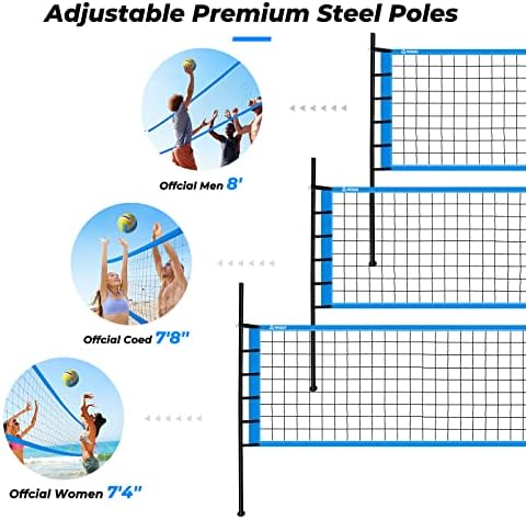 PATIASSSY OUTDOOR PROSTABLE OBLLEACHEBALL NET SET Систем - Брзо и лесно поставување прилагодливи висини од челични столбови, одбојка