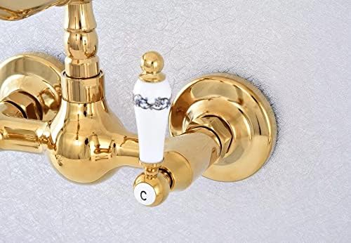 Полирана златна боја месинг wallид монтиран со двојни керамички рачки за бања кујна мијалник миксер од чешма за вртење