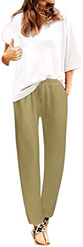 Womenените еластични панталони од половината со џеб лабави панталони за жени истегнуваат половината боја, лабава обична панталони панталони