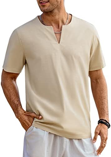 Коофанди машка памучна постелнина Хенли кошула со кратки ракави за обични плажа маички V вратот лето лесна јога