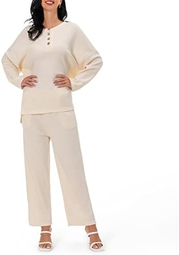 Женски 2 парчиња облека постави долги ракави копче V вратот вафли плетен пулвер врвот и широки панталони за нозе