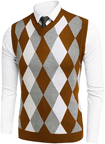 Амсиарски машка обична џемпер за џемпер V-вратот тенок вклопен џемпер без ракав плетен катран елек