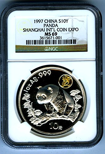 1997 Кина Сребрена Панда 10 ЈН ШАНГАЈ МОНЕТА ЕКСПО РЕТКИ Кинески Сребро MS69 NGC