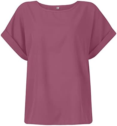 Womenенски кошули со uqrzau, цврста боја, валани манжетни за ракави, кратки маички со маици врвни маички со маички