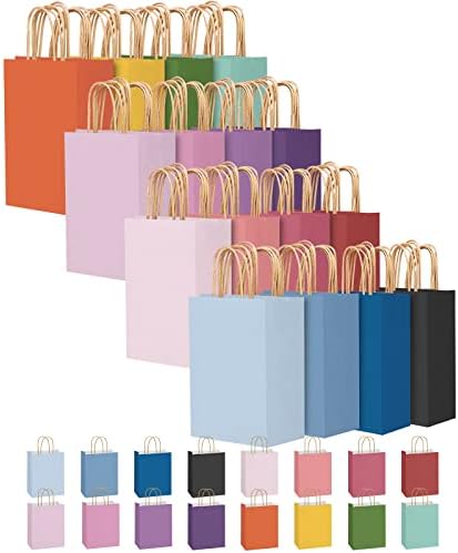 Mooray 32 парчиња торби за подароци со рачки, хартиени кеси Крафт торби 16 различни постари вреќи во боја повеќекратни намени за свадба,