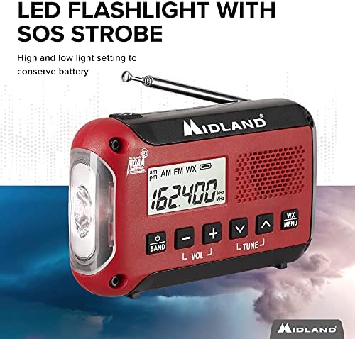 Мидленд - ER10VP Времето радио со фенерче и предупредување за итни случаи - радио AM/FM - Компактен и лесен за носење - SOS Strobe сигнал и