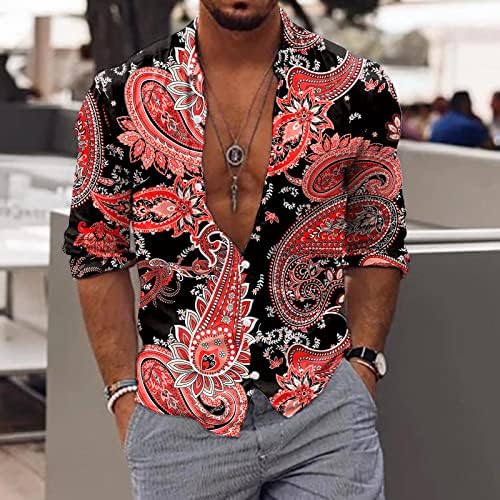 Zddo Mens Hawaiian кошули со долг ракав Paisley Boho копче за печатење надолу случајна кошула лапел јака плажа алоха дизајнерски врвови на врвови