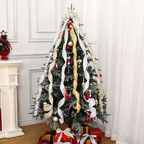 Божиќна лента Fairyee жична, разновидна органза сјајна златна лента за елки за елки за елки за украси, бели и златни божиќни украси, 2,5 инчи 6