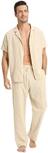 Облека за панталони со ленени кошули Rpovig: Машки постелнина поставува 2 парчиња кошули со кратки ракави јога панталони плажа свадбени костуми