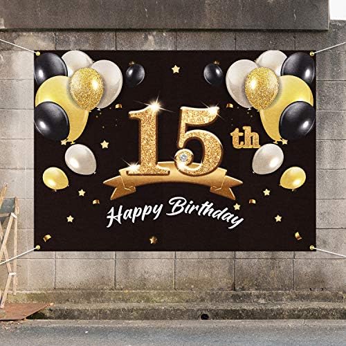 Пакбум Среќен 15-Ти Роденден Банер Позадина - 15 Декорации За Роденденски Забави За Момчиња-Црно Злато 4 х 6фт