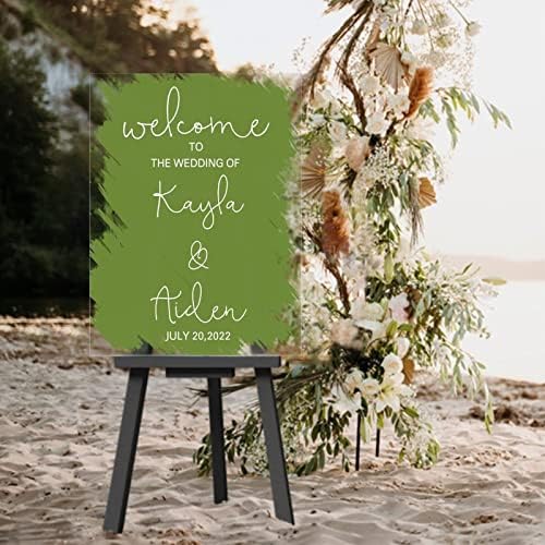 Персонализирана свадба добредојде знак Sage зелена елегантна акрилик свадба знак гроздобер свадбен прием знак за забава, знак совршен за