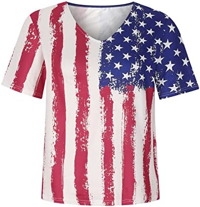 Блуза Девојки Краток Ракав V Вратот Американско Знаме Графички Салон Лабава Фит Преголема Блуза Маица За Жени QR