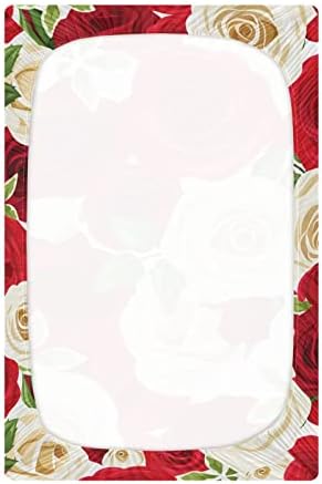 Алаза црвени розови бели рози цветни цвеќиња со цветни креветчиња опремени листови за басинет за момчиња бебе девојчиња, стандардна