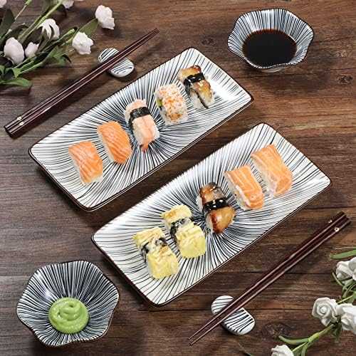 Mallyu Sushi Plate Set 8 парчиња, 10 Керамички суши јадења кои служат сет, сетови за вечера со w/ 2 плочи за суши и садови со соја сос-2 стапчиња и држач, совршени за подарок за свад
