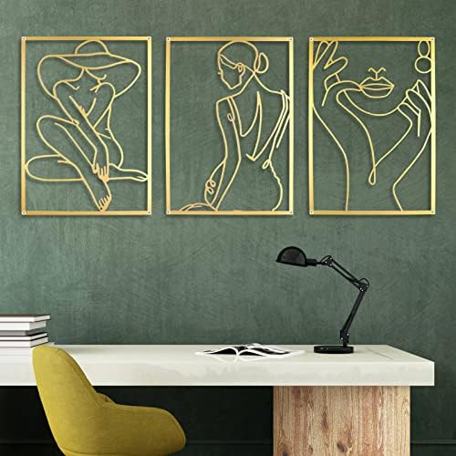 Холилов метал wallиден уметнички сет од 3 0,12 подебели минималистички апстрактни модерна линија уметност wallидни скулптури | златен