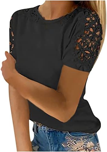 Женски цветни чипка маица отсечени кратки ракави врвови со цврста боја трендовски маички кошули облечени обични екипаж на вратот