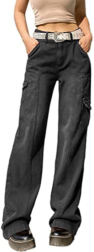 Миашуи Jeanан Бел дното на панталоните за жени плус големина женски обични модни модни комбинезони со висока половината мулти џеб плус големина